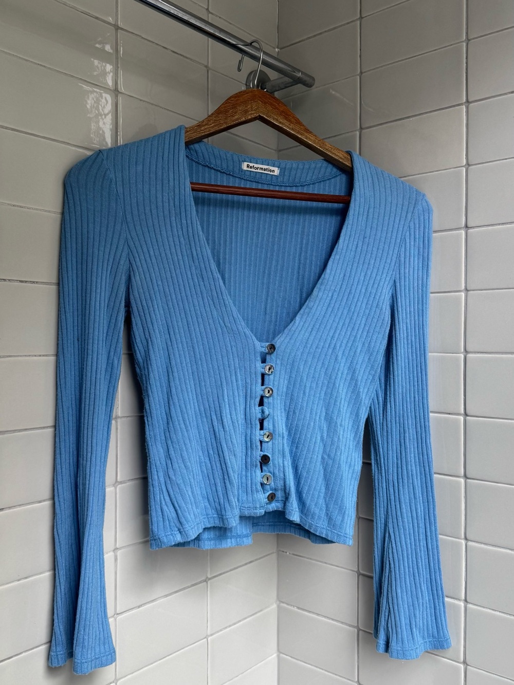 Reformation Ribbed Button-Front V-Neck Top - Sky Blue Size M